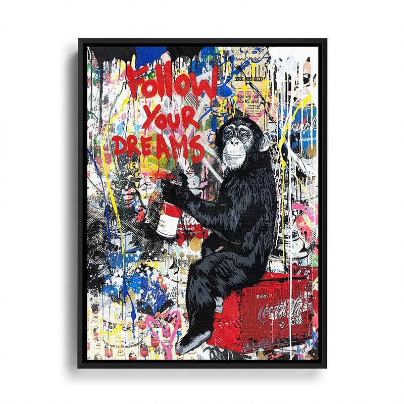 Buntes Wandbild mit Rahmen Affe sitzt auf Coca Cola Kasten