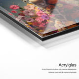 Giraffe Flowers – Acrylglas Qualitätsdetail mit 6 mm Premium-Aufbau, massiver Metallplatte und intensiver Farbtiefe