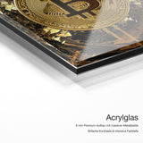 Gold Bitcoin 2 – Acrylglas Qualitätsdetail mit 6 mm Premium-Aufbau, massiver Metallplatte und intensiver Farbtiefe