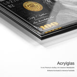 Gold Dollar Bill – Acrylglas Qualitätsdetail mit 6 mm Premium-Aufbau, massiver Metallplatte und intensiver Farbtiefe