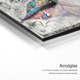 Graffiti Kiss – Acrylglas Qualitätsdetail mit 6 mm Premium-Aufbau, massiver Metallplatte und intensiver Farbtiefe