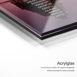 Insel des Erfolgs – Acrylglas Qualitätsdetail mit 6 mm Premium-Aufbau, massiver Metallplatte und intensiver Farbtiefe