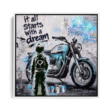 It all starts with a Dream Motorbike – Leinwand mit weißem Bilderrahmen