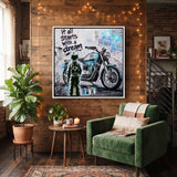 Motorrad-Motiv im Street-Art-Stil – Wandbild mit weißem Rahmen als Wanddeko im Wohnzimmer