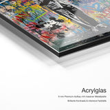 Love is the Answer – Acrylglas Qualitätsdetail mit 6 mm Premium-Aufbau, massiver Metallplatte und intensiver Farbtiefe