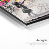 Peace Girl – Acrylglas-Qualitätsdetail mit 6 mm Premium-Aufbau, massiver Metallplatte und intensiver Farbtiefe