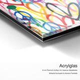 Peace Love – Acrylglas Qualitätsdetail mit 6 mm Premium-Aufbau, massiver Metallplatte und intensiver Farbtiefe
