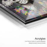 PopArt Queen – Acrylglas-Qualitätsdetail mit 6 mm Premium-Aufbau, massiver Metallplatte und intensiver Farbtiefe