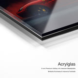 Red Ferrari – Acrylglas-Qualitätsdetail mit 6 mm Premium-Aufbau, massiver Metallplatte und intensiver Farbtiefe