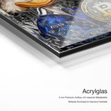 Royal Bitcoin – Acrylglas-Qualitätsdetail mit 6 mm Premium-Aufbau, massiver Metallplatte und intensiver Farbtiefe