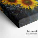Sonnenblumen – Leinwand-Qualitätsdetail mit 300 g/m² Premium-Leinwand und feiner matter Leinwandstruktur