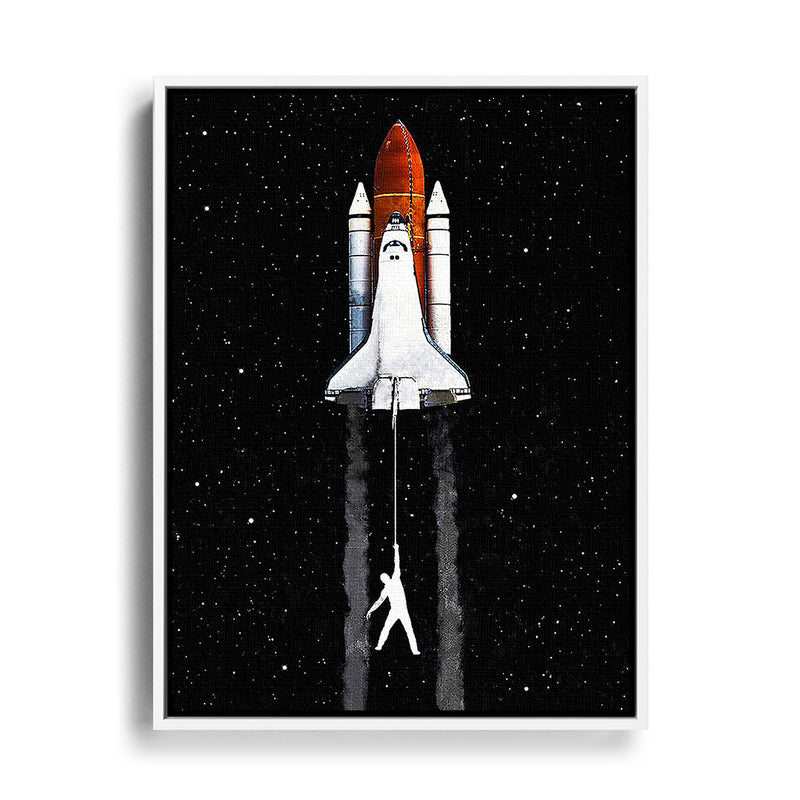 Space Shuttle Fliegt durchs All auf Leinwand mit weißem Rahmen