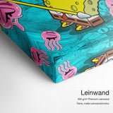 Spongebob Popart – Leinwand-Qualitätsdetail mit 300 g/m² Premium-Leinwand und feiner matter Leinwandstruktur