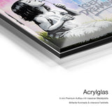 Stay Rebel – Acrylglas-Qualitätsdetail mit 6 mm Premium-Aufbau, massiver Metallplatte und intensiver Farbtiefe