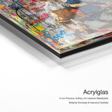 Streetart Love – Acrylglas-Qualitätsdetail mit 6 mm Premium-Aufbau, massiver Metallplatte und intensiver Farbtiefe