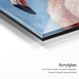 Stylish Flamingo – Acrylglas-Qualitätsdetail mit 6 mm Premium-Aufbau, massiver Metallplatte und intensiver Farbtiefe