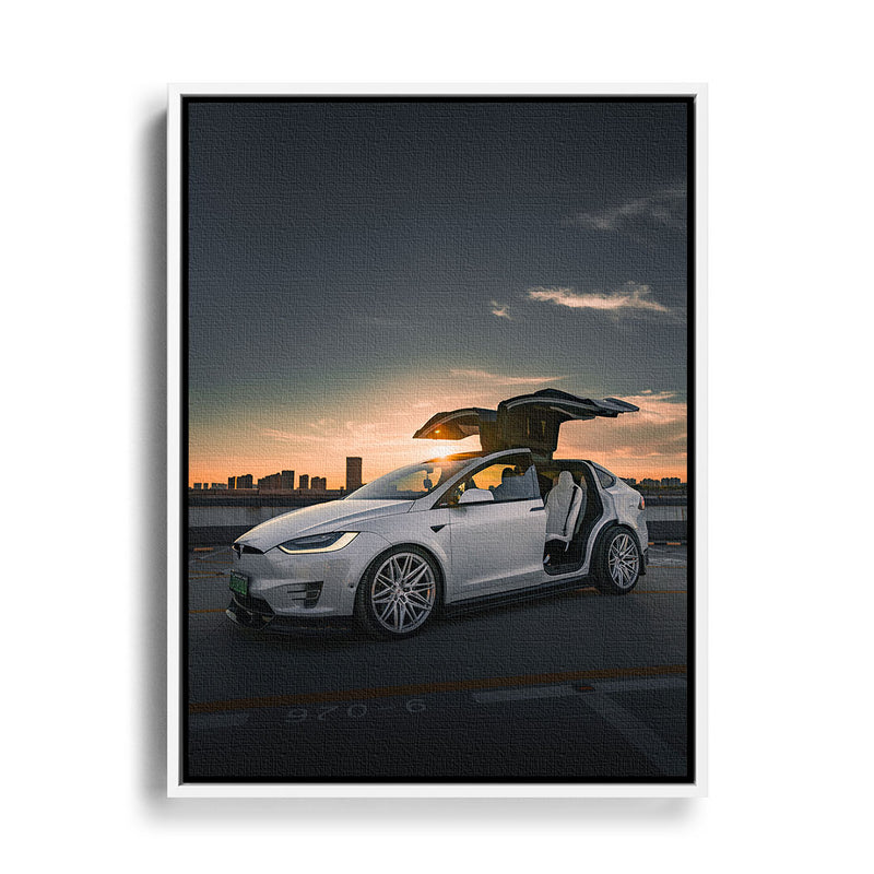 Wandbild von einem Tesla Model X bei Sonnenuntergang