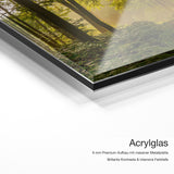 Waldspaziergang – Acrylglas-Qualitätsdetail mit 6 mm Premium-Aufbau, massiver Metallplatte und intensiver Farbtiefe