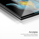 Weltkarte – Acrylglas-Qualitätsdetail mit 6 mm Premium-Aufbau, massiver Metallplatte und intensiver Farbtiefe
