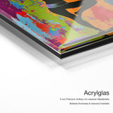 Yoga Pop Art – Acrylglas-Qualitätsdetail mit 6 mm Premium-Aufbau, massiver Metallplatte und intensiver Farbtiefe