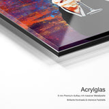 Cheers Leo – Qualitätsdetail Acrylglas: 6 mm Premium-Aufbau mit massiver Metallplatte, brillante Kontraste und intensive Farbtiefe