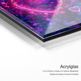Neon Heart – Acrylglas-Qualitätsdetail mit 6 mm Premium-Aufbau, massiver Metallplatte und intensiver Farbtiefe
