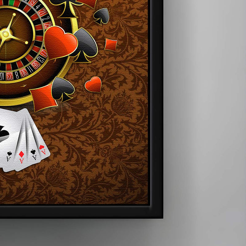 Wandbild mit schwarzem Rahmen Roulette und Pokerkarten