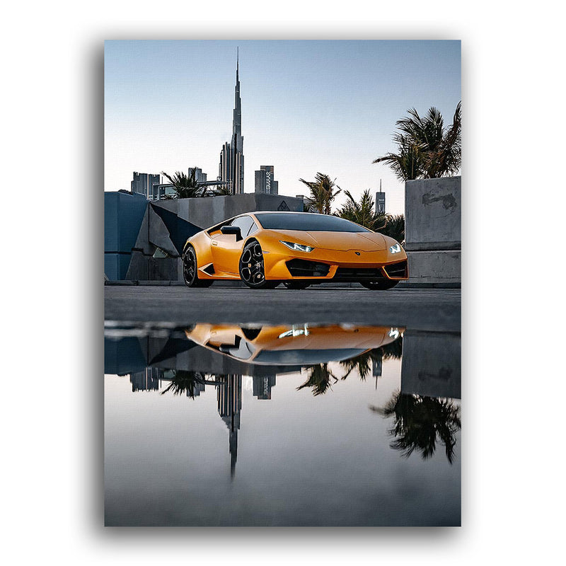 Orange Lamborghini Aventador in Dubai vor Burji Khalifa