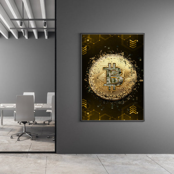 Goldener Bitcoin mit Dollarscheinen auf Leinwand 