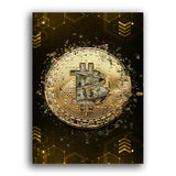 Goldener Bitcoin mit Dollarscheinen auf Leinwand 