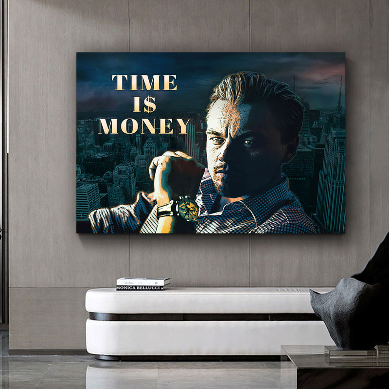 Leonardo Di Caprio Portrait und im Hintergrund Skyline von New York und der Text Time is Money