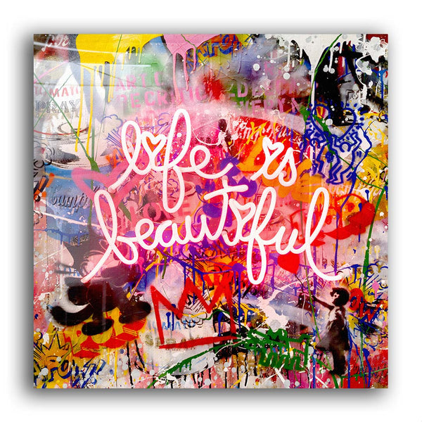 Banksy PopArt Wandbild mit Neon schrift Life is Beautiful