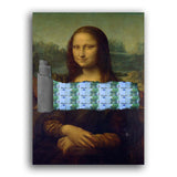Mona Lisa Ölgemälde von Leonardo Da Vinci in der Mitte eingerissen und darunter sind viele 100 Euro scheine sichtbar