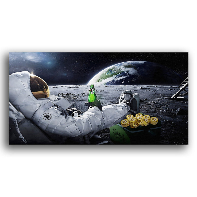 Astronaut auf dem Mond mit Bier und Bitcoins