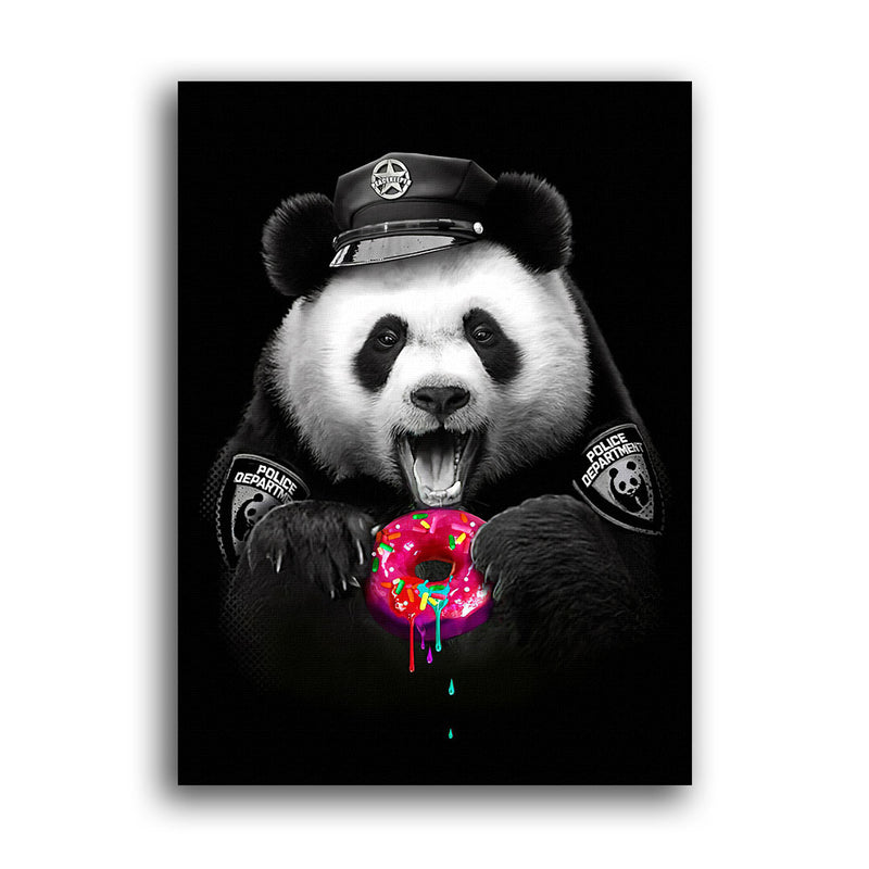 Panda Bär in Polizei Uniform isst Donut 