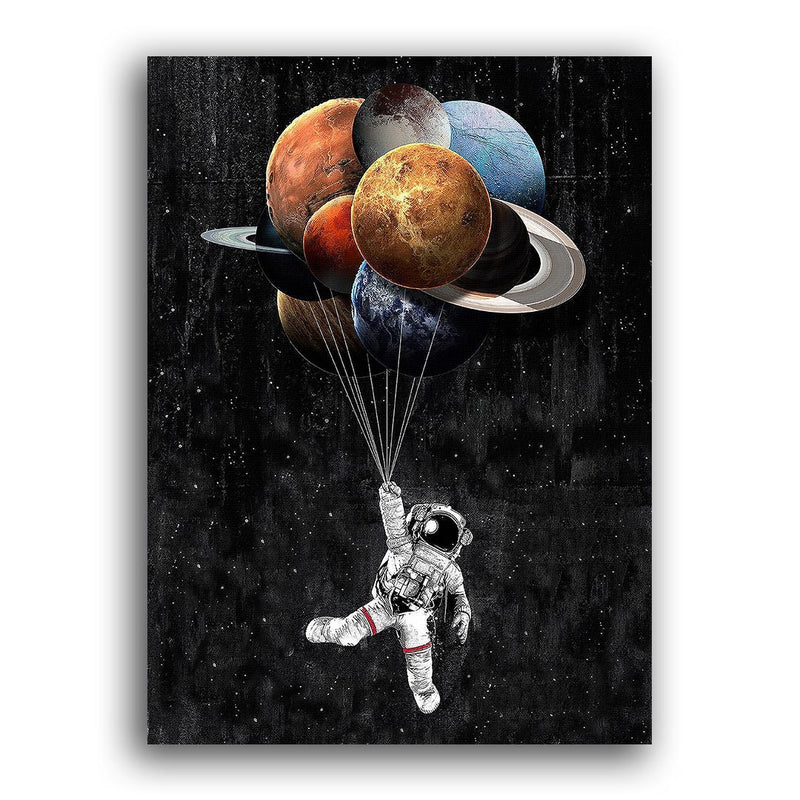 ein Astronaut fliegt an Lutballons in Planeten Form ins All